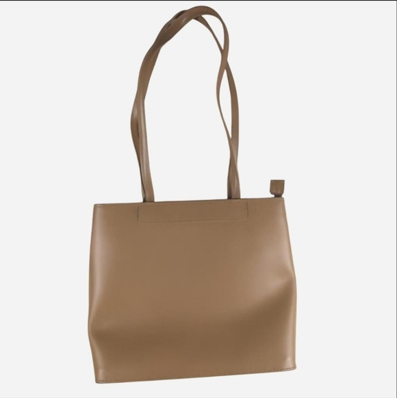 Handbags - Lamarthe Paris creamy tan leather shoulder tote with lime green/yellow interior